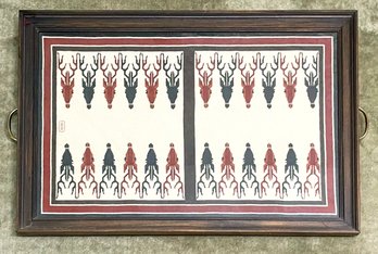 A Felt Based Tray With Deer Antler Backgammon Needlepoint Under Glass