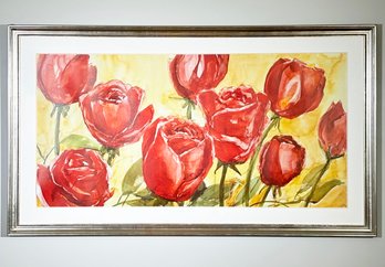 A Large Original Watercolor, Roses In Bloom, Unsigned