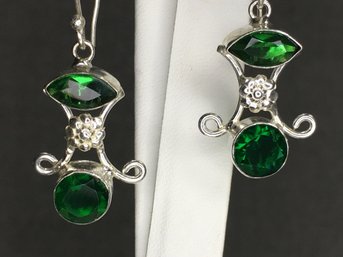 Very Unusual 925 / Sterling Silver Drop Earrings With Russian Tsavorite - Very Pretty - Brand New - Unworn