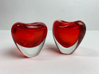 Red Murano Glass Heart Shaped Vases (2)