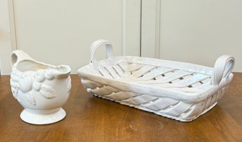 A Woven Portuguese Ceramic Basket And Fruit Motif Gravy Boat