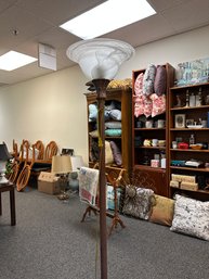 Tall Floor Lamp With Copper Finish And Frosted Upshade