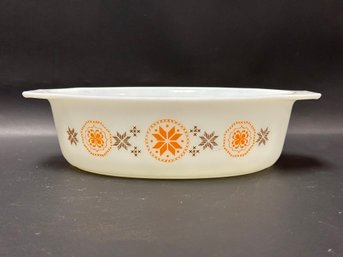 Vintage Pyrex Casserole In White, Orange & Brown, Town & Country Pattern