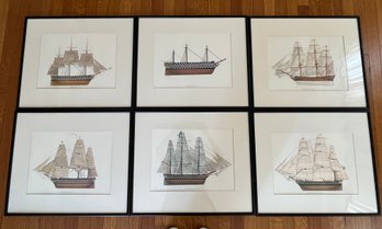 6PC Professionally Framed 1800's Sailing Ship Themed Prints - Black Wood Frames With Single Mat