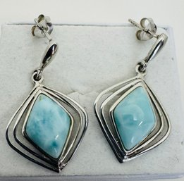 SIGNED CFJ STERLING SILVER TRIANGULAR LARIMAR DANGLE EARRINGS