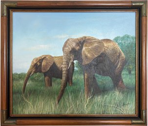 A Vintage Original Oil On Canvas - Elephant Themed - Signed Jeretti, C.1960's
