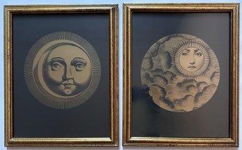 2 Piero Fornasetti Sole & Luna Silk Screen Prints In Gilded Frames