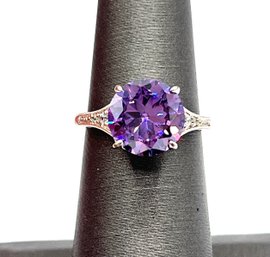 Gorgeous Large Amethyst Color Faceted Stone With Clear Stones Ring, Size 5.5