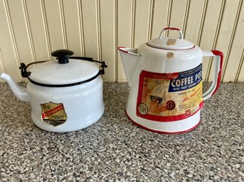 Two Vintage Enamel Kettles From Columbian Ware & US Standard Enamelware