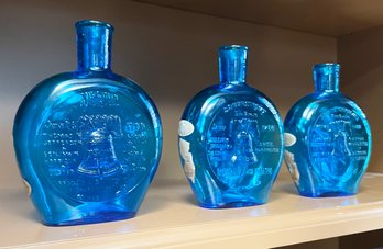 Vintage Commemorative Blue Glass Bottles - Virginia, Connecticut, North Carolina
