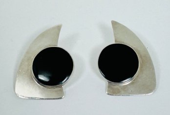 MODERNIST STERLING SILVER ONYX EARRINGS