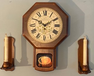 Regulator Clock And Two Wooden Sconces