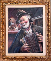 A Vintage Original Oil On Canvas, Concertina Player, Signed Morolo