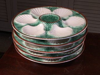 Lovely Lot Of Five (5) Antique French Majolica Oyster Plates - White & Green - Very Pretty Plates - No Maker