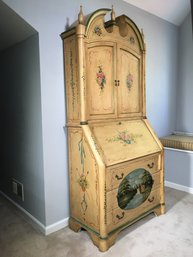 Fabulous French Style All Hand Painted Drop Front Bonnet Top Secretary Desk - Its Two Pieces For Transport