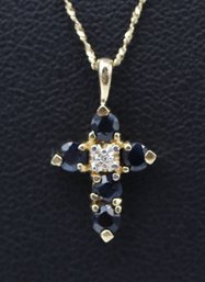 14k Yellow Gold Sapphire & Diamond Cross Pendant & Necklace