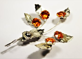 Vintage Sterling Silver Brooch Floral Spray Orange Stones