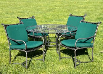 A Cast Aluminum Glass Top Dining Table And Set Of 4 Chairs With Sunbrella Cushions, 'Venetian' By Brown Jordan