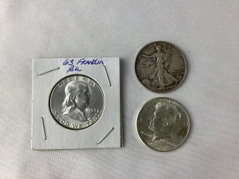 Half Dollar Combo 1963 BU Franklin, 1942 Standing Liberty A 1964 Kennedy (90 Per Cent Silver)