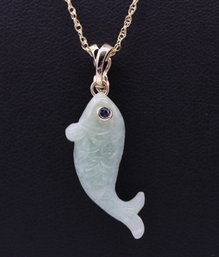 Amazing 14k Yellow Gold Jade & Sapphire Koi Fish Pendant & Necklace