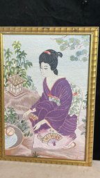 Vintage Asian Hand Embroidered Crewel Work Of A Woman In A Kimono