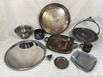 Assorted Vintage Silver Plated, Pewter,  Stainless Steel Trays , Bowl, Cup Trinket Dish, Bird Salt Shaker