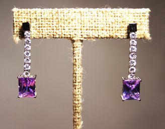 VINTAGE 1980S STERLING SIVLER WHITE AND PURPLE STONES PIERCED EARRINGS