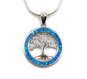 Beautiful Italian Sterling Silver Smooth Chain With Blue Fire Opal Tree Pendant