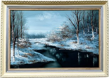 An Original Vintage Oil On Canvas Winter Landscape, Continental School, Signed Indistinctly, C. 1950's