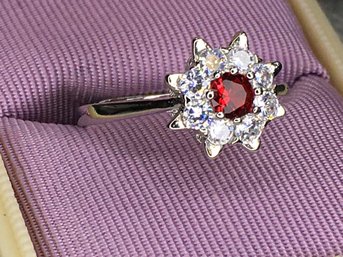 Adorable 925 / Sterling Silver Ring With White Topaz & Garnet Adjustable Size Ring - Very Nice - Never Worn