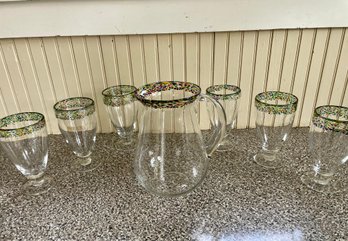 Hand Blown Mexican Confetti Pitcher & Six Glasses