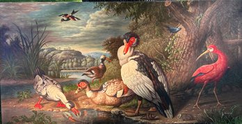 Gorgeous Oil On Canvas ~a Muscovy Duck, A Red Ibis And Other Fowl In A Landscape ~ Sammy