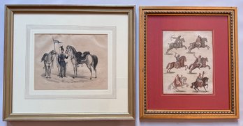 2 Vintage Cavalry  Military Horses Hand Colored  Prints