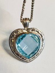 SIGNED STERLING SILVER BLUE TOPAZ FACETED HEART NECKLACE
