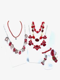 8 Pieces Collection Of Ruby Red Cranberry Jewel Tone Necklaces & Bracelets