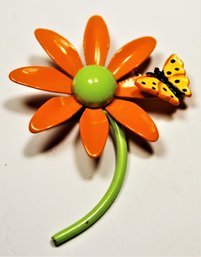 1960s Flower Power Brooch With Butterfly