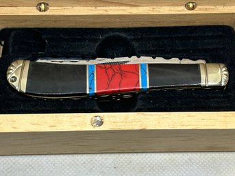 QUICKSILVER 2-blade Folding Knife With Onyx, Turquoise And Red Coral Scales.
