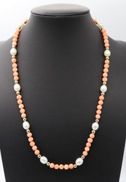 14K Yellow Gold Angel Skin Salmon Coral Pearl Necklace