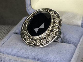 Beautiful Large Sterling Silver / 925 Cocktail Ring Lovely Floral Silver Work With Polished Faceted Black Onyx