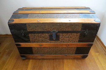 Antique Embossed Metal Oak Banded Dome Top Steamer Trunk Chest