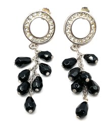 Lovely Sterling Silver Clear Stones Onyx Beaded Dangle Earrings