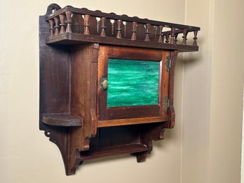 Stunning Vintage Green Stained Glass & Wood Cabinet