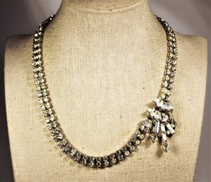 Vintage Rhodium Plated Necklace White Rhinestones Side Decoration