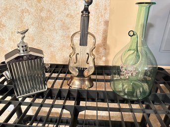 Rolls Royce Musical Flask, Violin Musical Decanter And Chianti Decanter