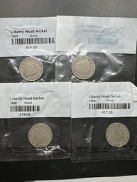 4 Liberty Head V Nickels 1901, 1904, 1905, 1906 In Littleton Packages