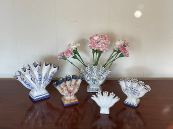 Lot Of 5 Flower Tulip Finger Vases With Ceramic Flowers