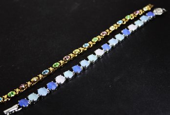 Two Costume Rhinestone And Glass Stone Silver And Gold Tone Ladies Bracelets