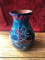 Mexican Folk Art Painted Red Clay Vase