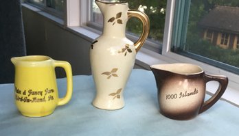 Lot Of 3 Vintage Miniature Mini Pottery Pitcher Creamers - 1000 Islands NY, Bird-in-hand, Pa