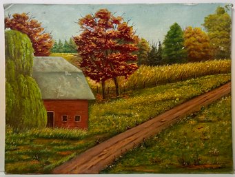 Vintage Oil On Board Painting - Autumn Countryside - Barn Corn Field - Willow Tree - Fall Colors 12 X 16 Inch